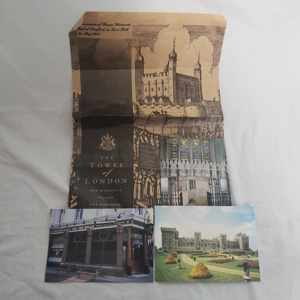 Vintage Tower of London Bag And British Postcards QEII